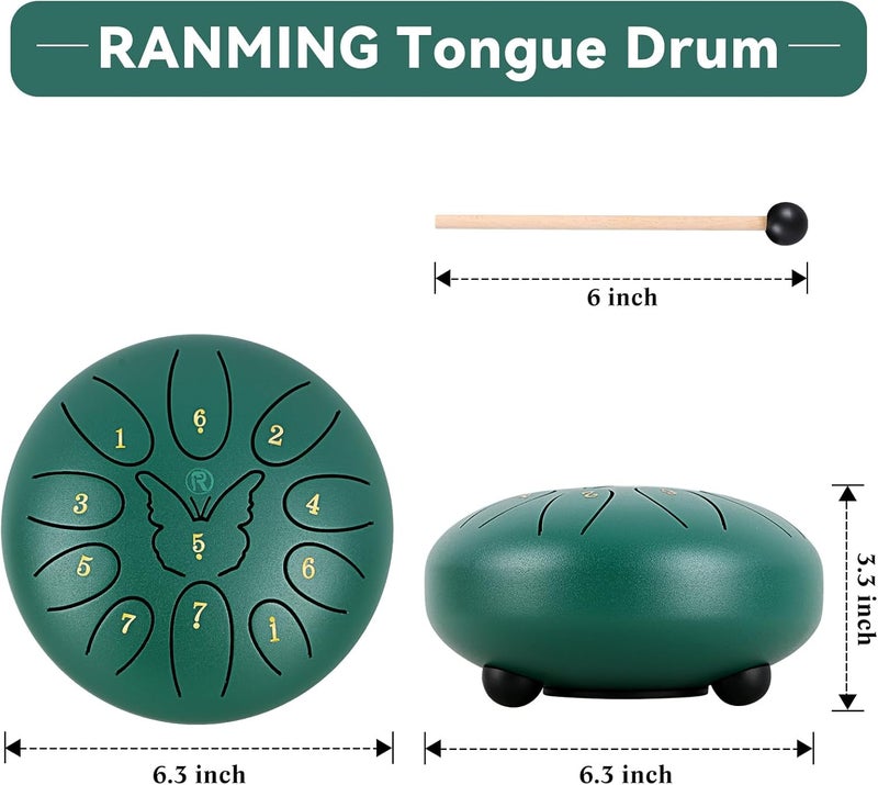 RANMING 6 Inch Steel Tongue Drum 11Note C Key Tongue Drum Kids & Adult Handpan with Gig Bag Music Book Mallets Finger Loops Mallets Stand Highlight Stickers for Meditation,Yoga & Camping Green - Image 5